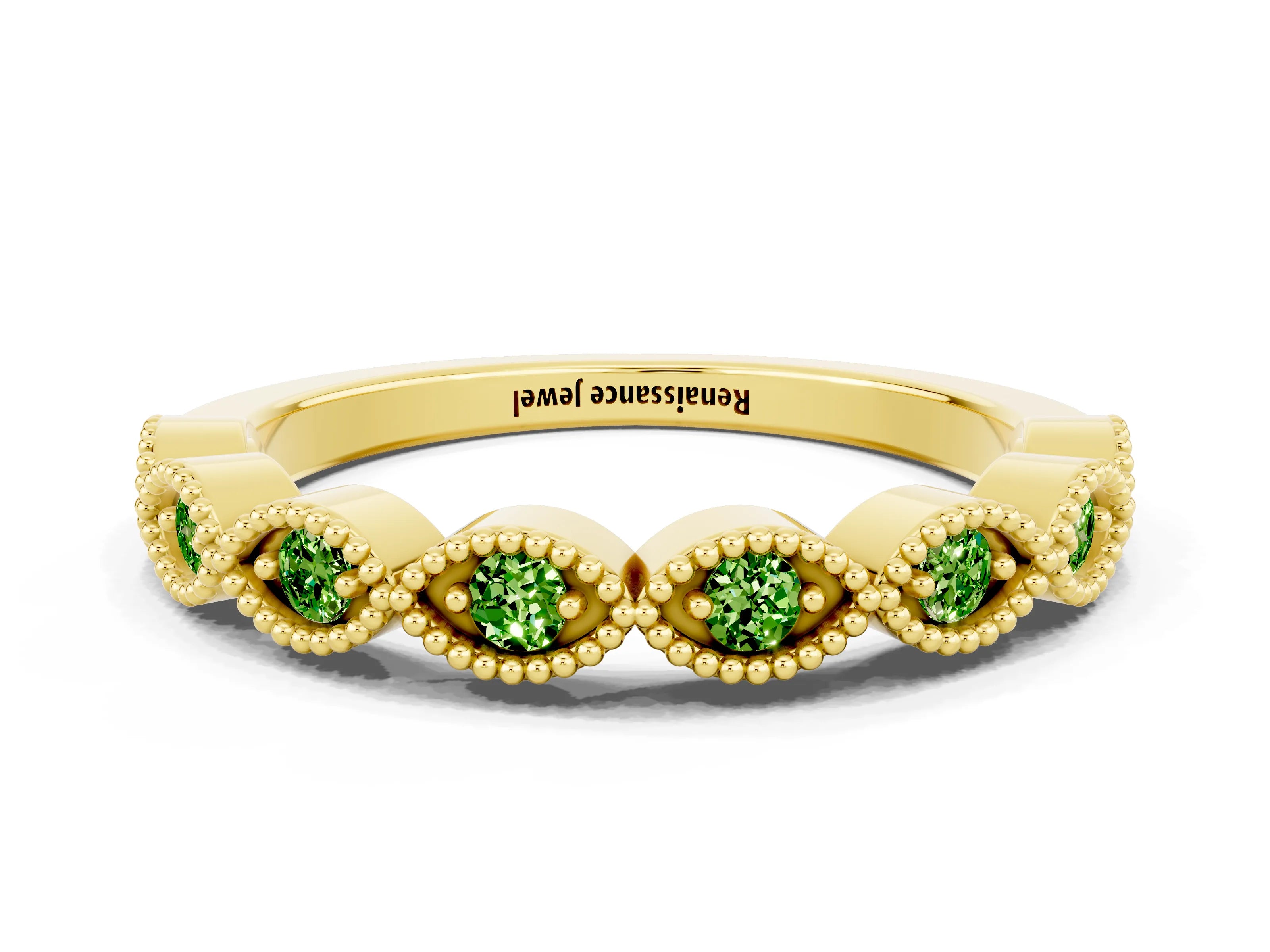 Yellow gold Milgrain Marquise Peridot Half Eternity Band with Bezel Setting_6