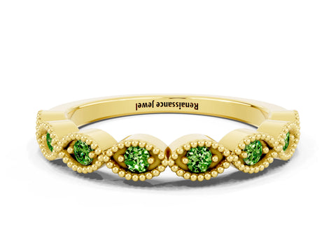 Yellow gold Milgrain Marquise Peridot Half Eternity Band with Bezel Setting_6
