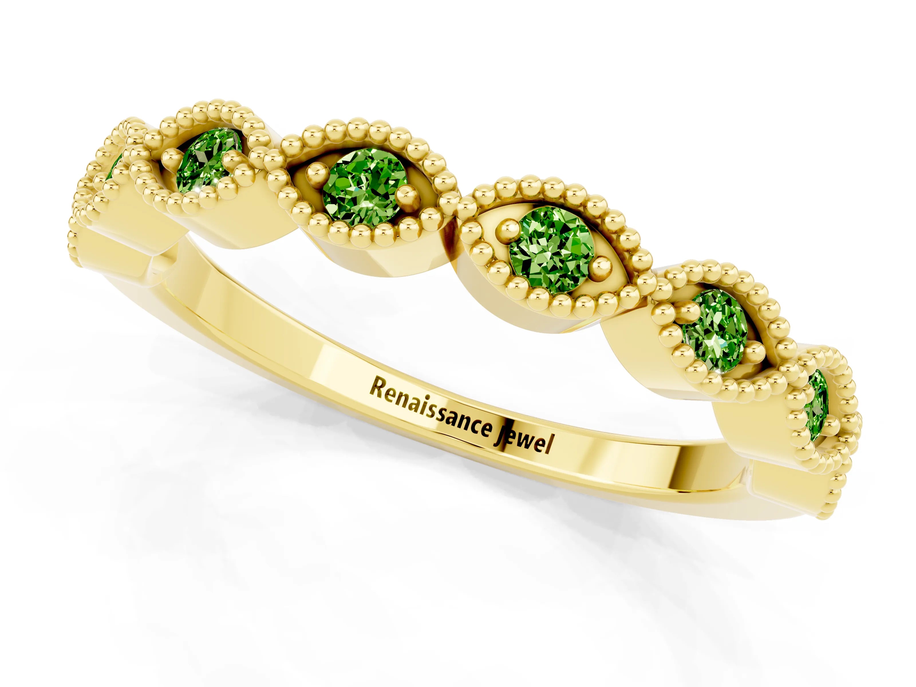 Yellow gold Milgrain Marquise Peridot Half Eternity Band with Bezel Setting_7