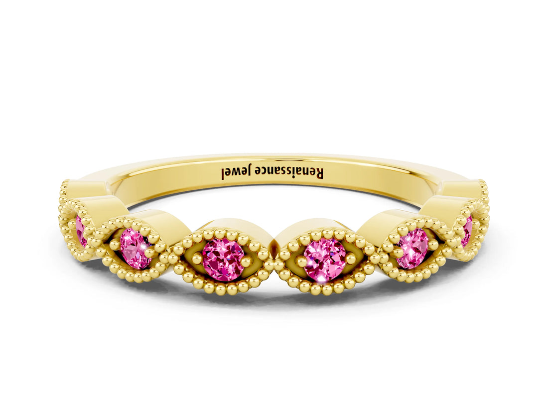 Yellow gold Milgrain Marquise Pink Sapphire Half Eternity Band with Bezel Setting_18