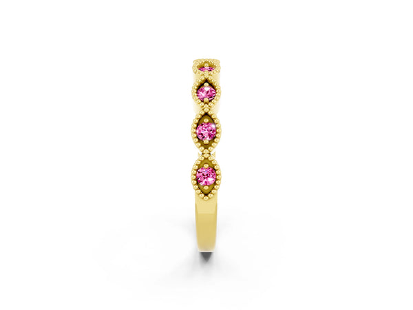 Yellow Gold Round Lab-Grown Pink Sapphire Vintage Milgrain Marquise Frame Half Eternity Band