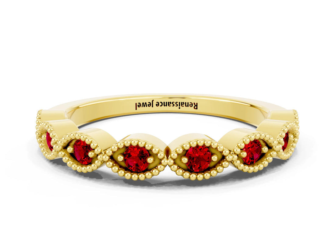 Yellow gold Milgrain Marquise Ruby Half Eternity Band with Bezel Setting_18