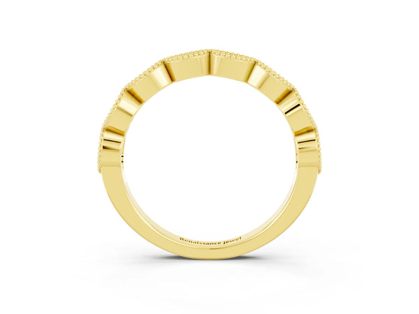 Yellow Gold Round Lab-Grown Ruby Vintage Milgrain Marquise Frame Half Eternity Band
