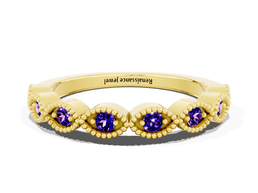 Yellow gold Milgrain Marquise Tanzanite Half Eternity Band with Bezel Setting_18