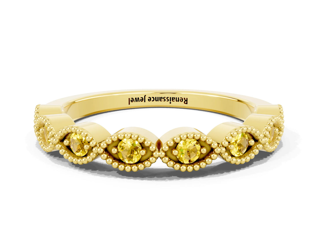 Yellow gold Milgrain Marquise Yellow Sapphire Half Eternity Band with Bezel Setting_18