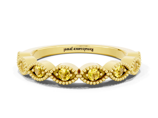 Yellow gold Milgrain Marquise Yellow Sapphire Half Eternity Band with Bezel Setting