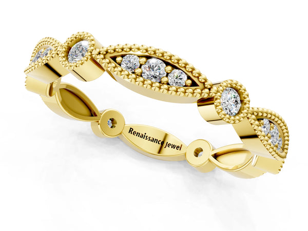 Yellow gold Milgrain Marquise and Round Diamond Eternity Band with Bezel Setting