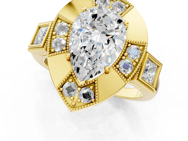Yellow Gold Pear-Shaped Vintage Halo Engagement Ring Setting