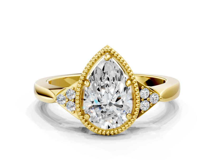 Yellow gold Milgrain Pear Cut Diamond Ring with Tapered Pave Band and Four Prong Setting