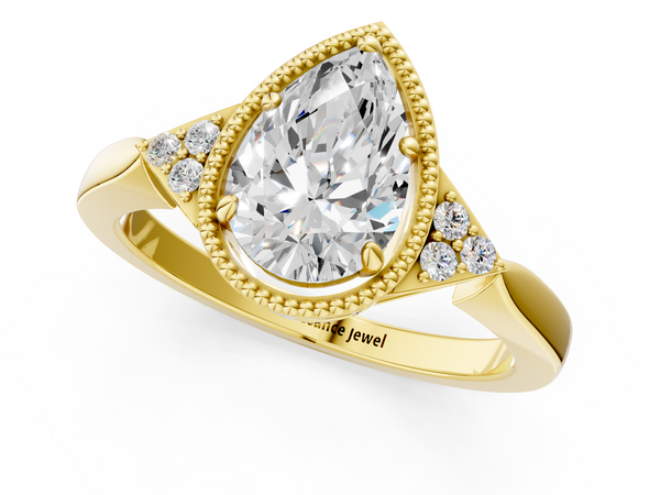 Yellow gold Milgrain Pear Cut Diamond Ring with Tapered Pave Band and Four Prong Setting