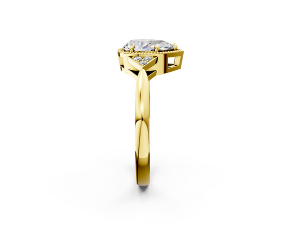Yellow gold Milgrain Pear Cut Diamond Ring with Tapered Pave Band and Four Prong Setting