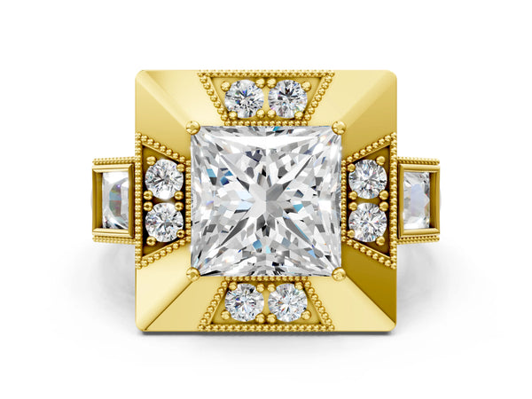 Yellow Gold Princess Cut Vintage Halo Engagement Ring Setting