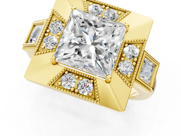 Yellow Gold Princess Cut Vintage Halo Engagement Ring Setting