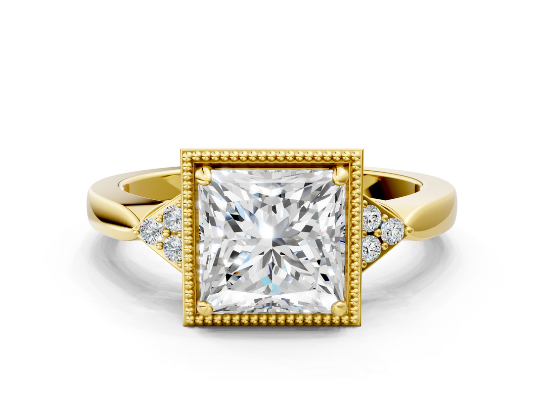 Yellow gold Milgrain Princess Cut Diamond Ring with Tapered Pave Band and Four Prong Setting_3