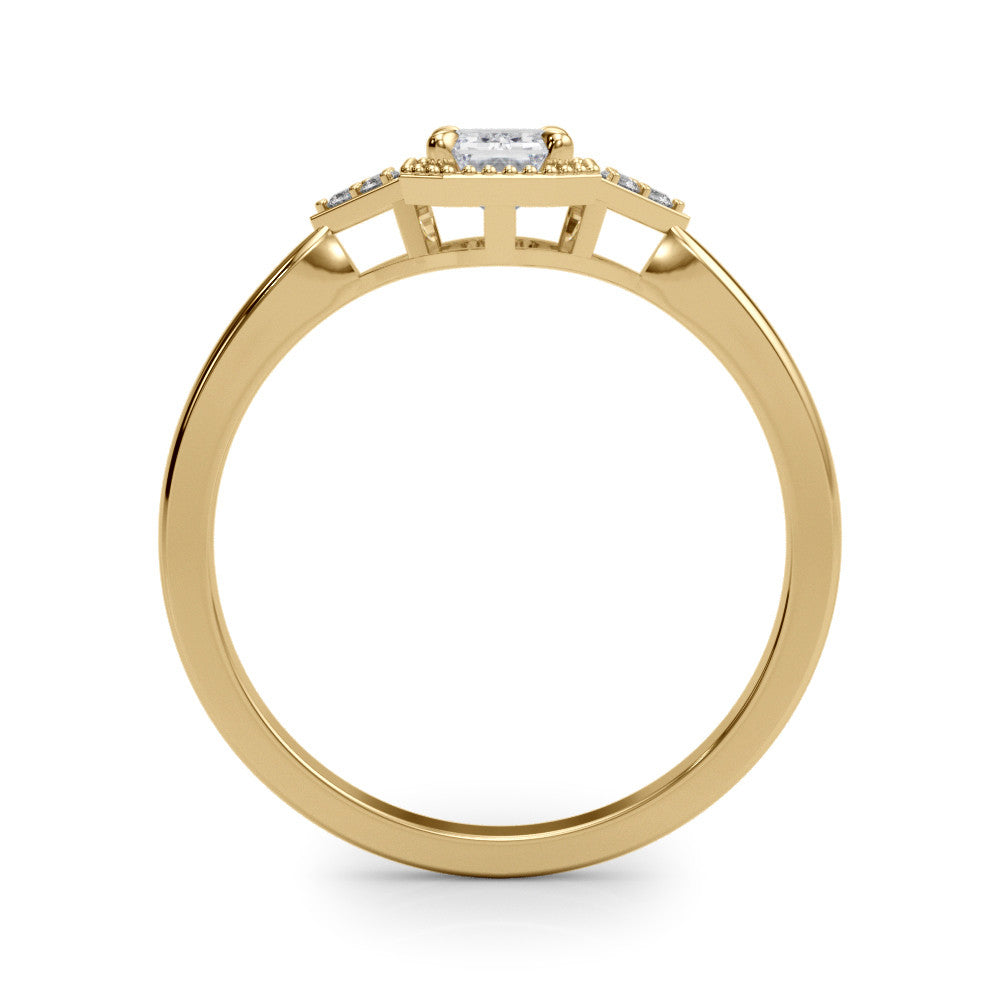 Yellow gold Milgrain Radiant Cut Diamond Ring with Tapered Pave Band and Four Prong Setting