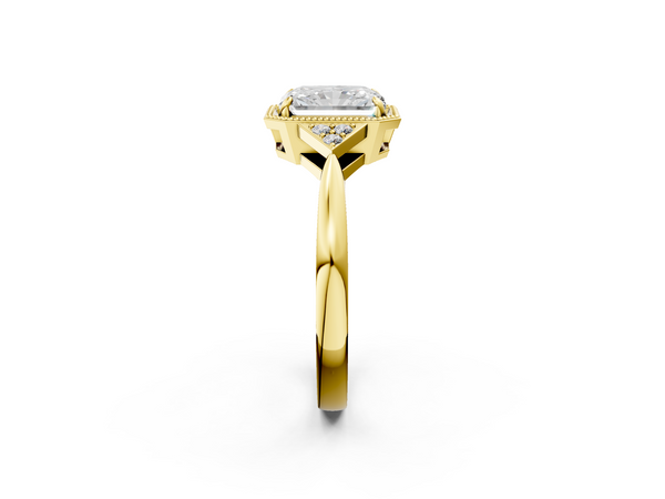 Yellow Gold Radiant Cut Vintage Milgrain Frame Engagement Ring Setting with Round Accent Clusters