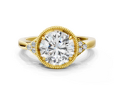 Yellow gold Milgrain Round Cut Diamond Ring with Tapered Pave Band and Four Prong Setting_3