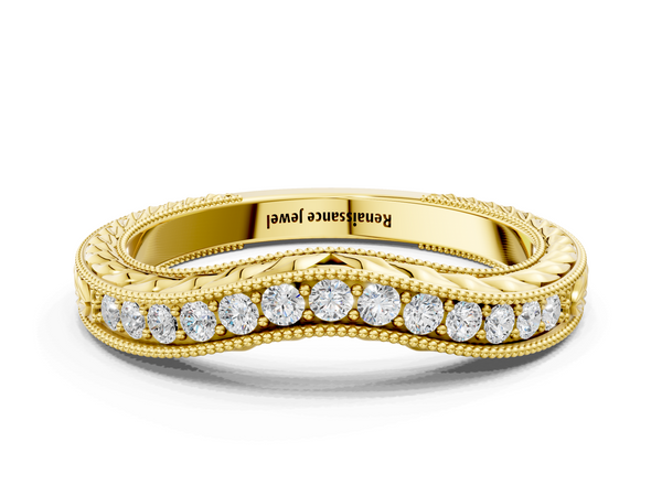 Yellow gold Milgrain Round Diamond Curved Eternity Band with Pavé Setting