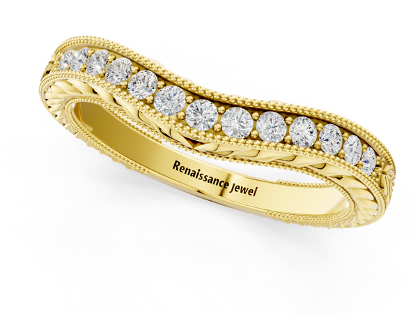 Yellow gold Milgrain Round Diamond Curved Eternity Band with Pavé Setting