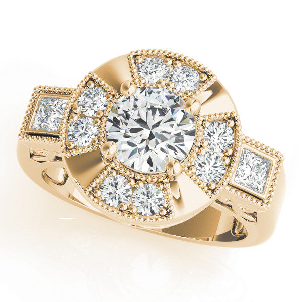 Yellow gold Milgrain Round Diamond Halo Split Shank Ring