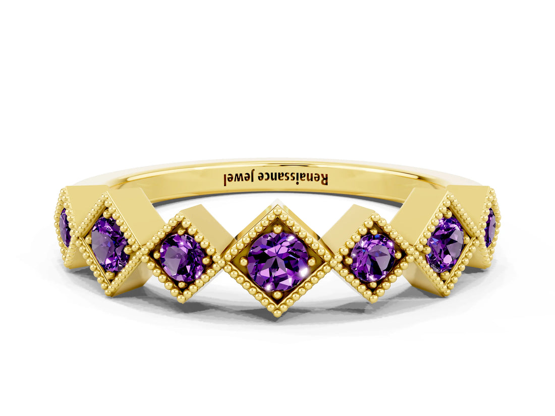 Yellow gold Milgrain Square Bezel Round Amethyst Chevron Band_6
