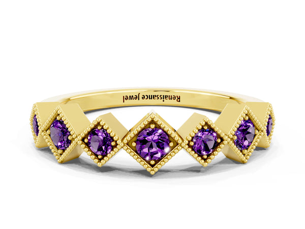 Yellow Gold Round Amethyst Vintage Wedding Band with Milgrain Square Bezels