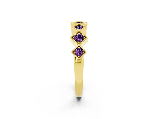 Yellow Gold Round Amethyst Vintage Wedding Band with Milgrain Square Bezels