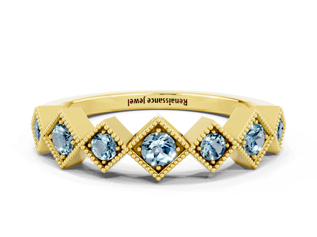 Yellow gold Milgrain Square Bezel Round Aquamarine Chevron Band_6