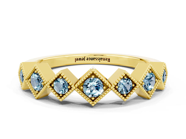 Yellow Gold Round Aquamarine Vintage Wedding Band with Milgrain Square Bezels