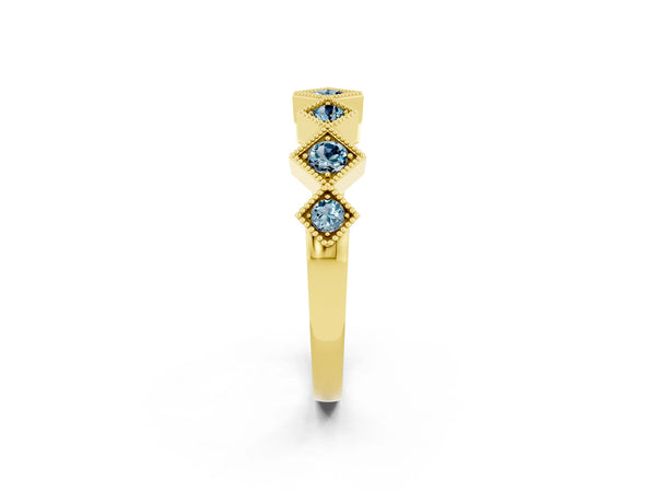 Yellow Gold Round Aquamarine Vintage Wedding Band with Milgrain Square Bezels