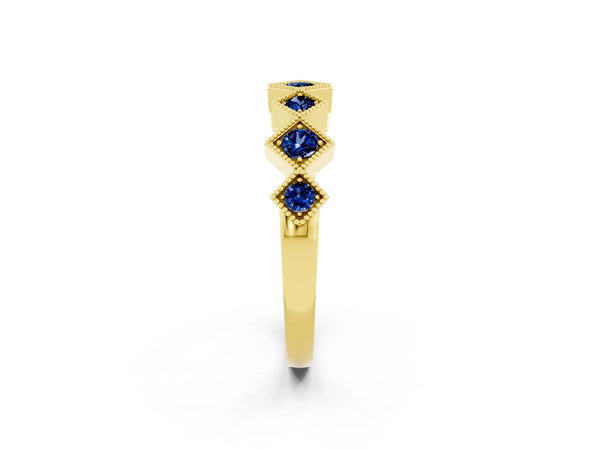 Yellow Gold Round Lab-Grown Blue Sapphire Vintage Wedding Band with Milgrain Square Bezels