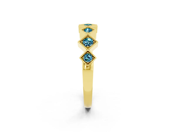 Yellow Gold Round Blue Topaz Vintage Wedding Band with Milgrain Square Bezels
