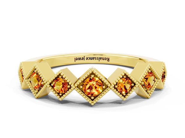Yellow Gold Round Citrine Vintage Wedding Band with Milgrain Square Bezels