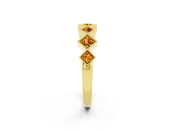 Yellow Gold Round Citrine Vintage Wedding Band with Milgrain Square Bezels