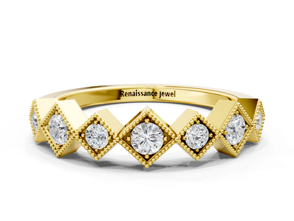 Yellow gold Milgrain Square Bezel Round Diamond Chevron Band