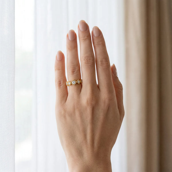 Yellow gold Milgrain Square Bezel Round Diamond Chevron Band