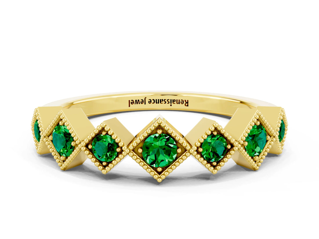 Yellow gold Milgrain Square Bezel Round Emerald Chevron Band_6