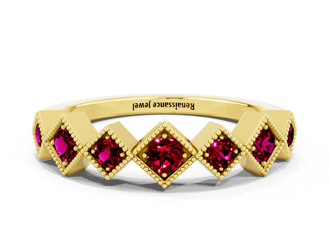 Yellow gold Milgrain Square Bezel Round Garnet Chevron Band_6