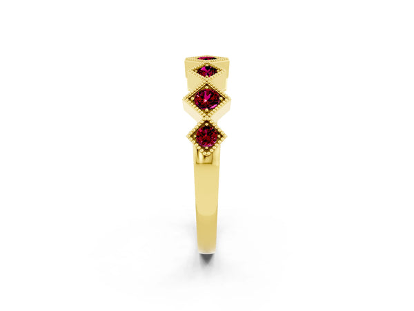 Yellow Gold Round Garnet Vintage Wedding Band with Milgrain Square Bezels