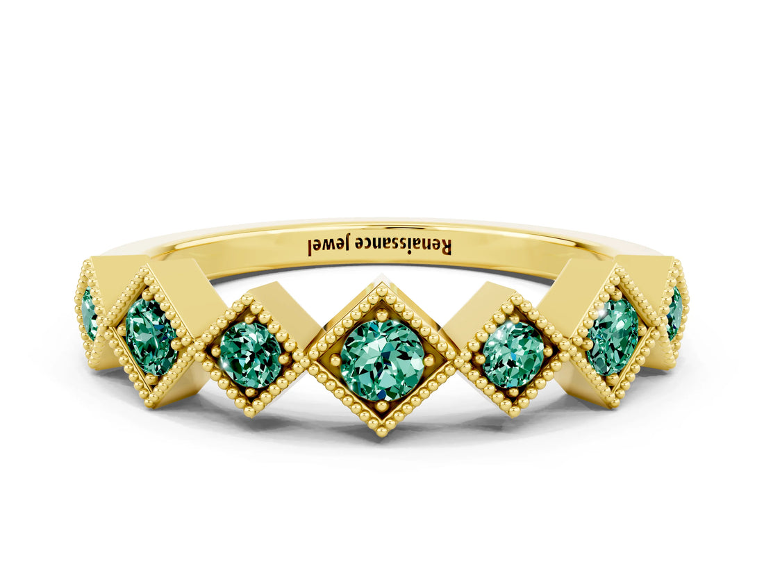 Yellow gold Milgrain Square Bezel Round Green Sapphire Chevron Band_6