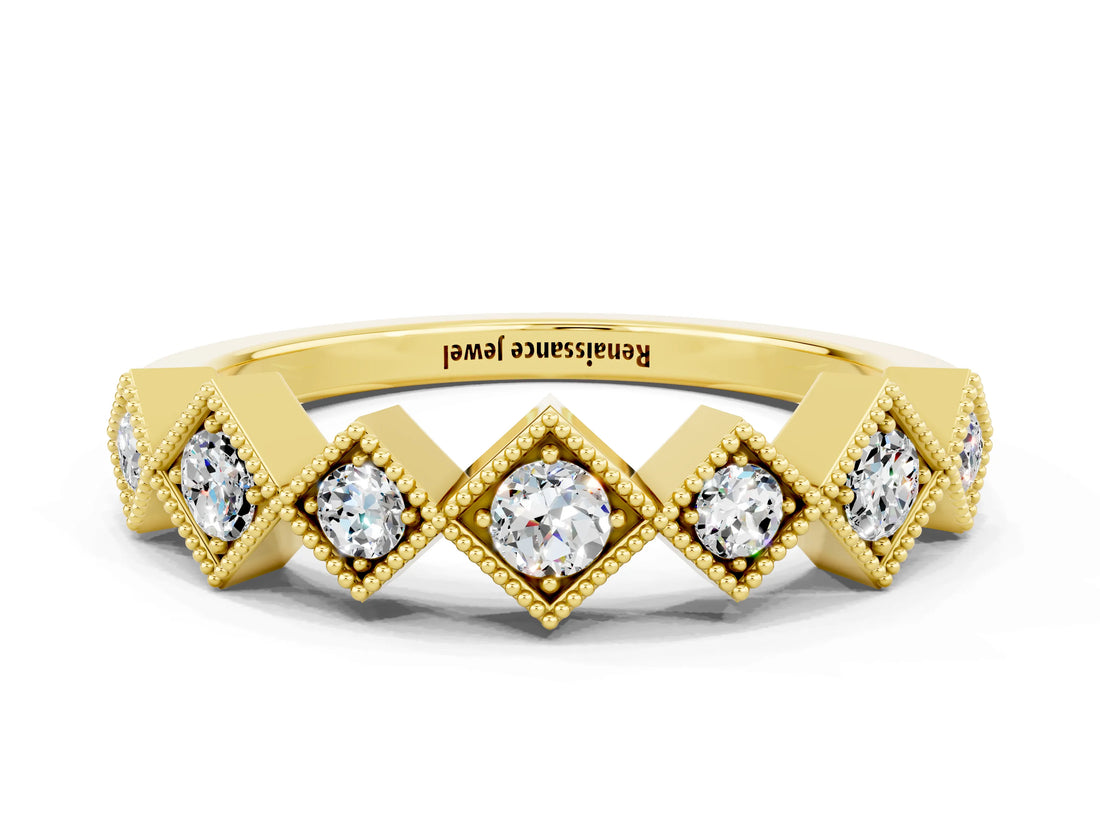 Yellow gold Milgrain Square Bezel Round Moissanite Chevron Band_6