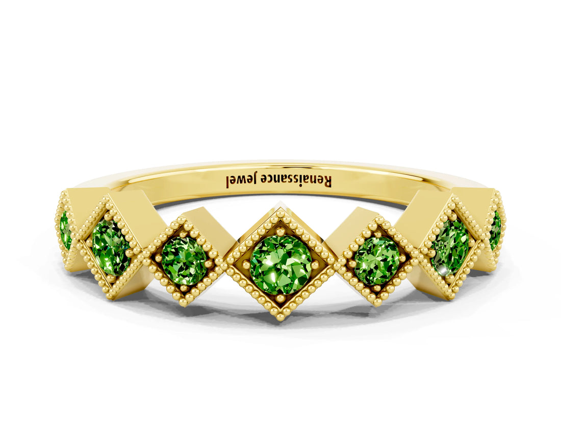 Yellow gold Milgrain Square Bezel Round Peridot Chevron Band_6