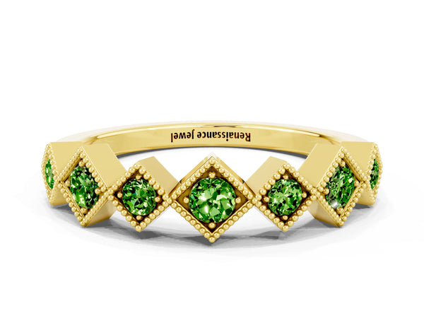 Yellow Gold Round Peridot Vintage Wedding Band with Milgrain Square Bezels