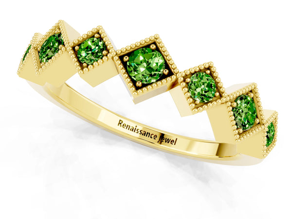 Yellow Gold Round Peridot Vintage Wedding Band with Milgrain Square Bezels