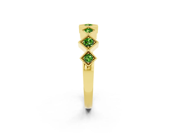 Yellow Gold Round Peridot Vintage Wedding Band with Milgrain Square Bezels