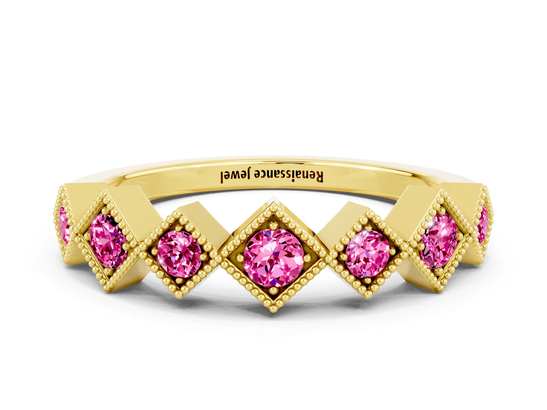 Yellow gold Milgrain Square Bezel Round Pink Sapphire Chevron Band_18