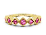 Yellow gold Milgrain Square Bezel Round Pink Sapphire Chevron Band_18