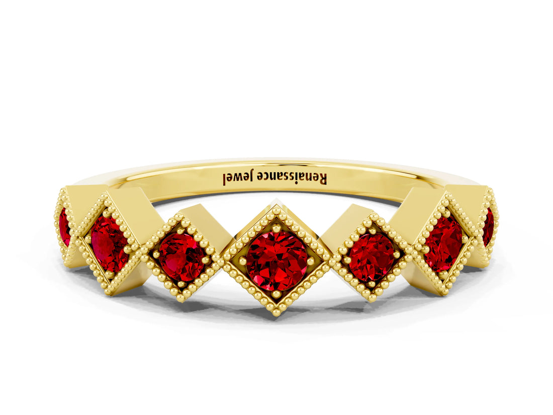Yellow gold Milgrain Square Bezel Round Ruby Chevron Band_6
