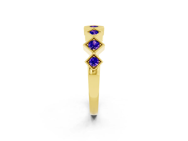 Yellow Gold Round Tanzanite Vintage Wedding Band with Milgrain Square Bezels