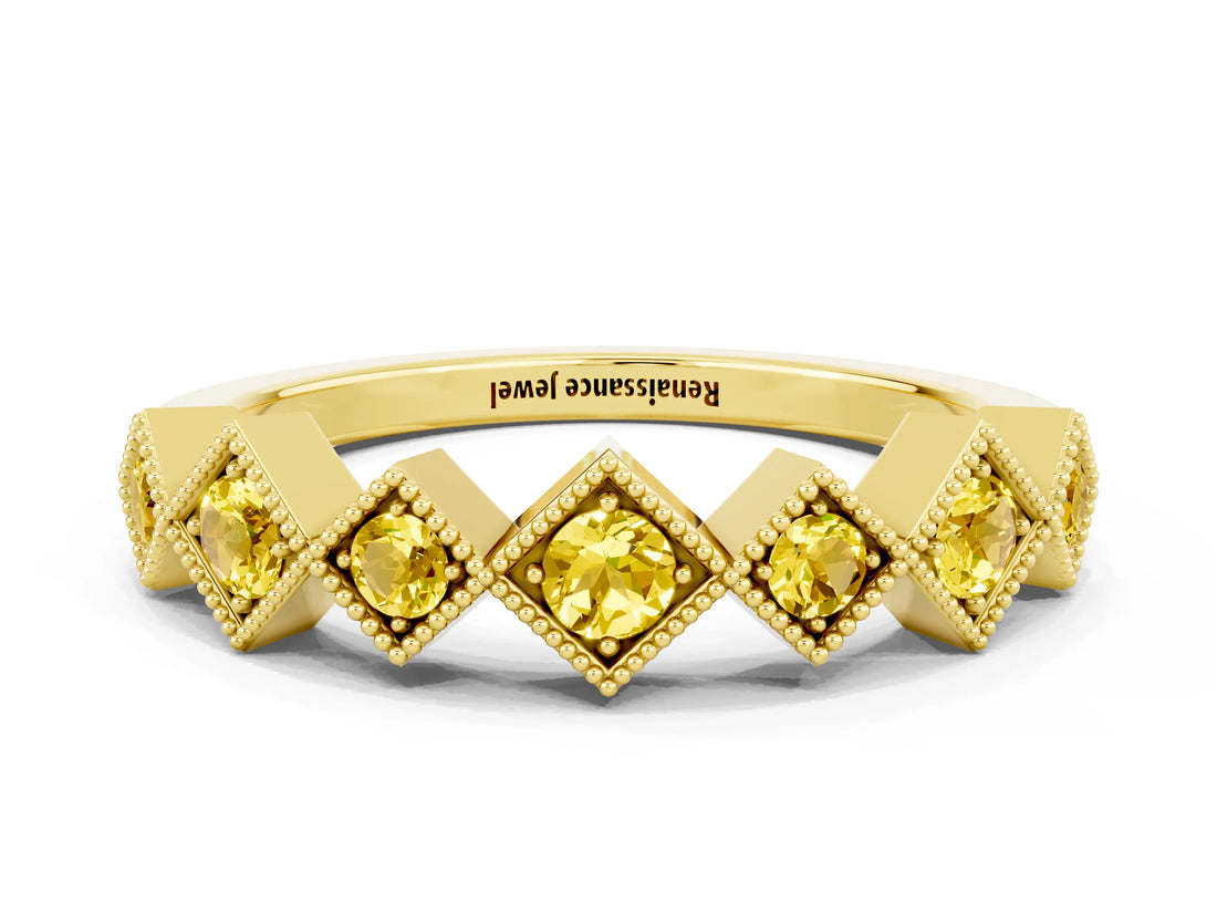 Yellow gold Milgrain Square Bezel Round Yellow Sapphire Chevron Band_18